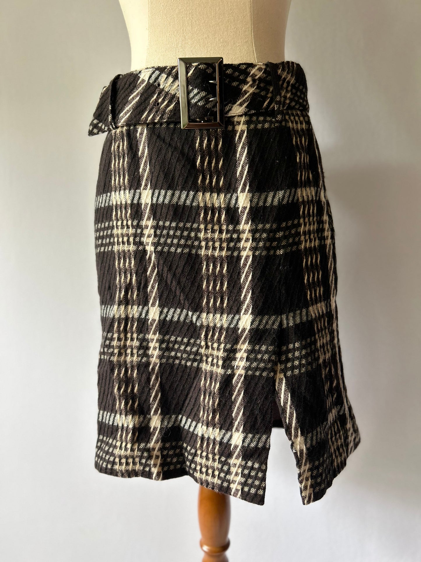 Textured Monochrome Check Belted Skirt – Size EUR 38 / US 4