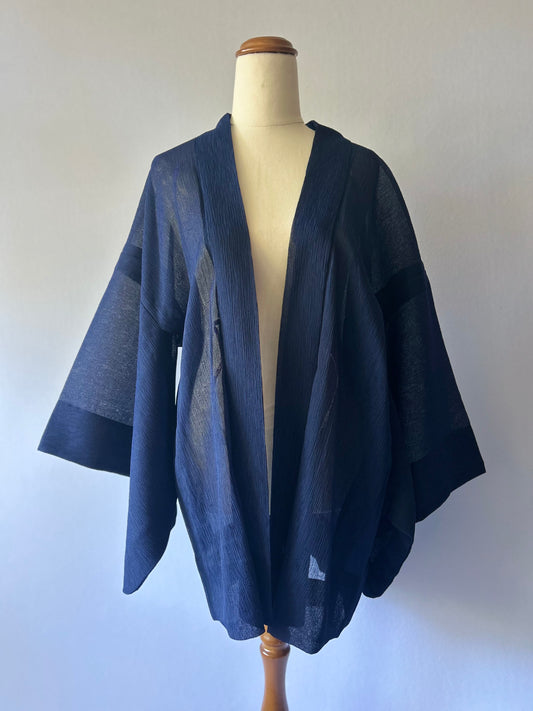Minimalist Deep Navy Textured Open-Front Kimono Jacket - One Size