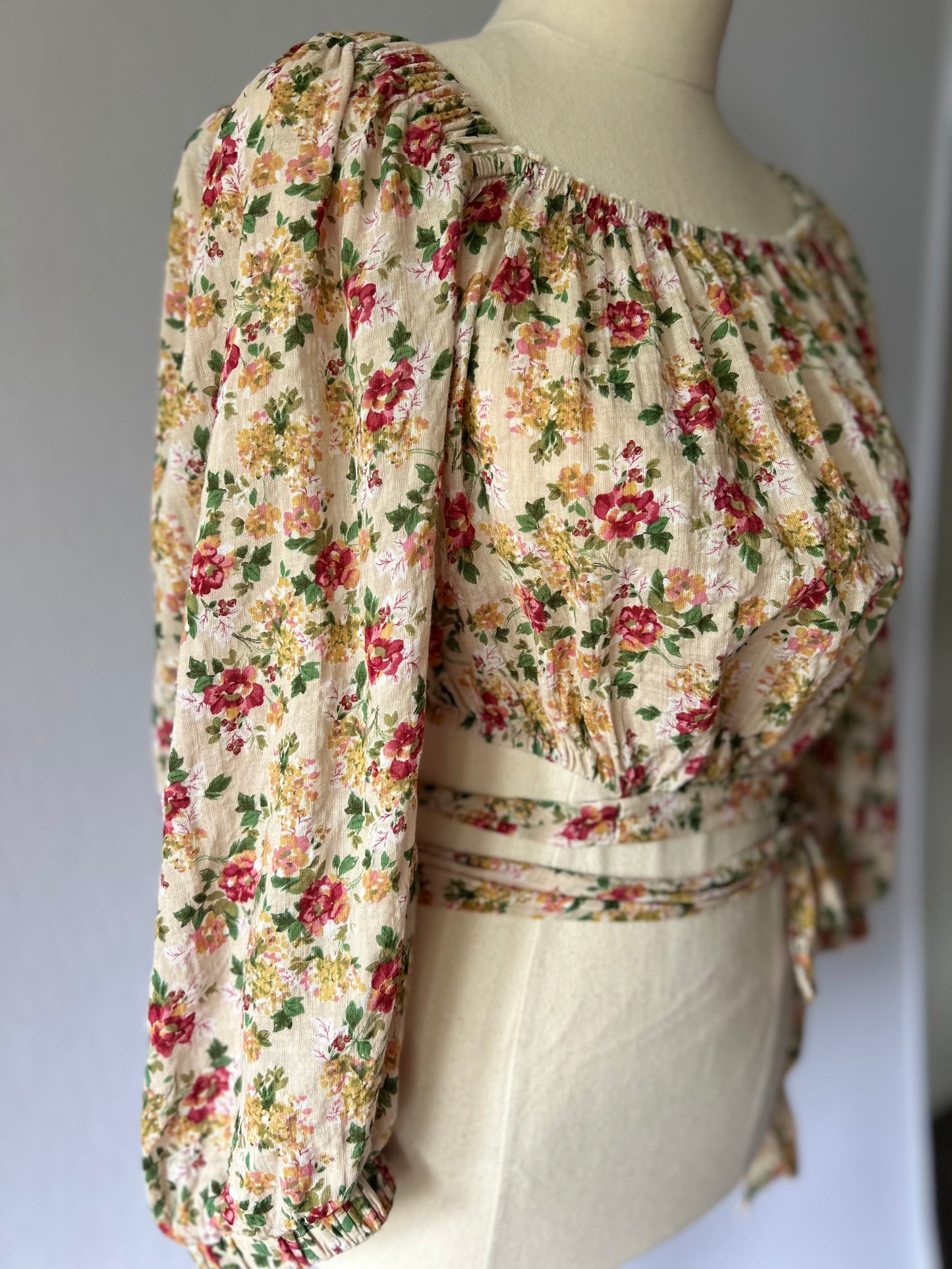 Floral Puff Sleeve Cropped Blouse with Wrap Tie Detail - Size Small