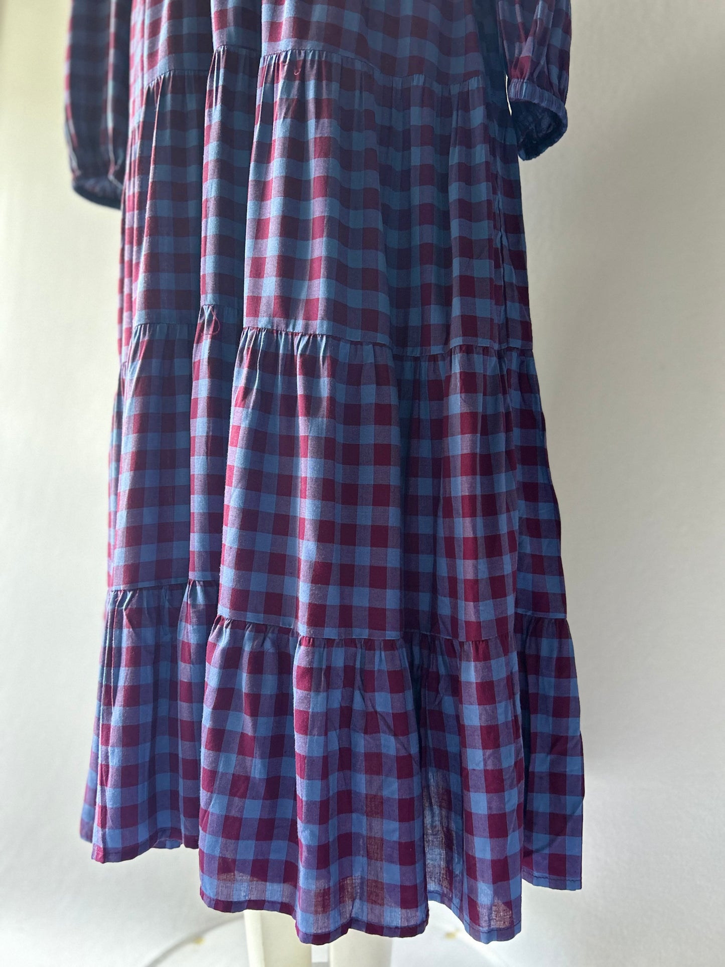 Whistles Ruffled Tiered Check Maxi Dress - Blue & Burgundy - Size 16