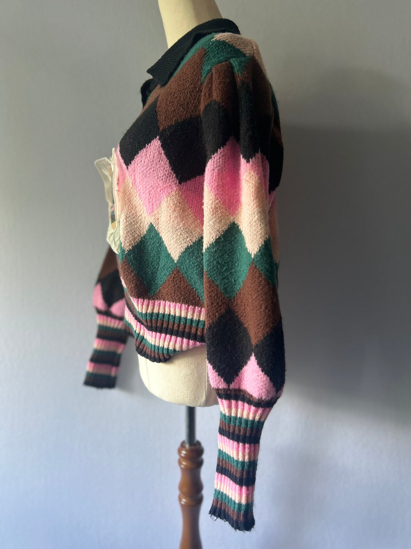 Vintage Argyle Knit Polo Sweater with Heart Cat Patch - Size Small
