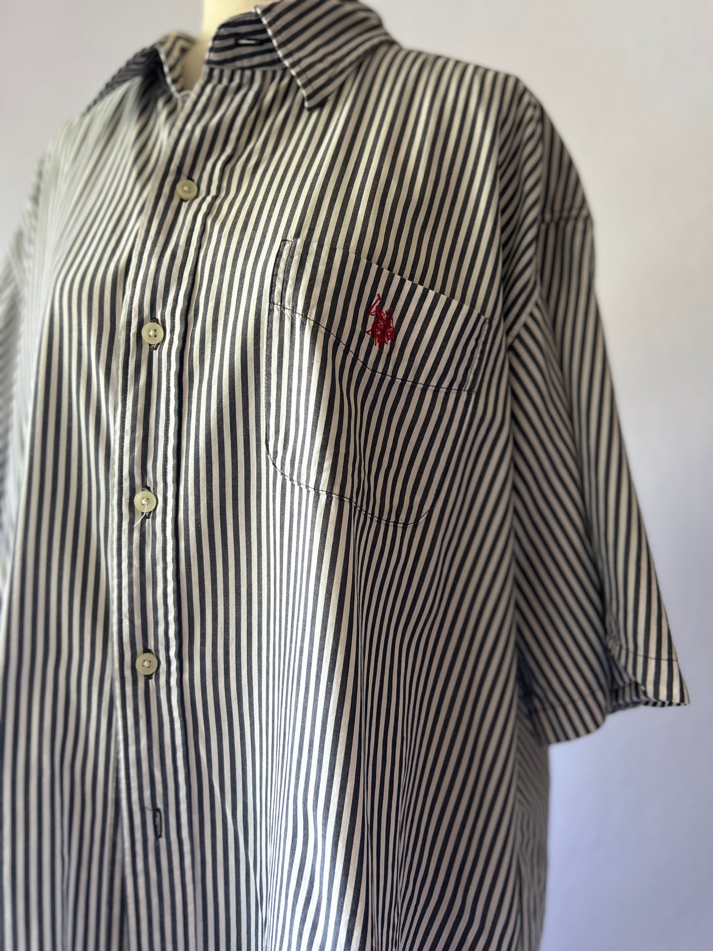 Size XL | Classic Short Sleeve Pinstripe Cotton Shirt | Oversized Button-Down