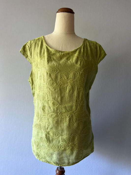 Verdant Sage Top  Floral Embroidered Shell – Size M
