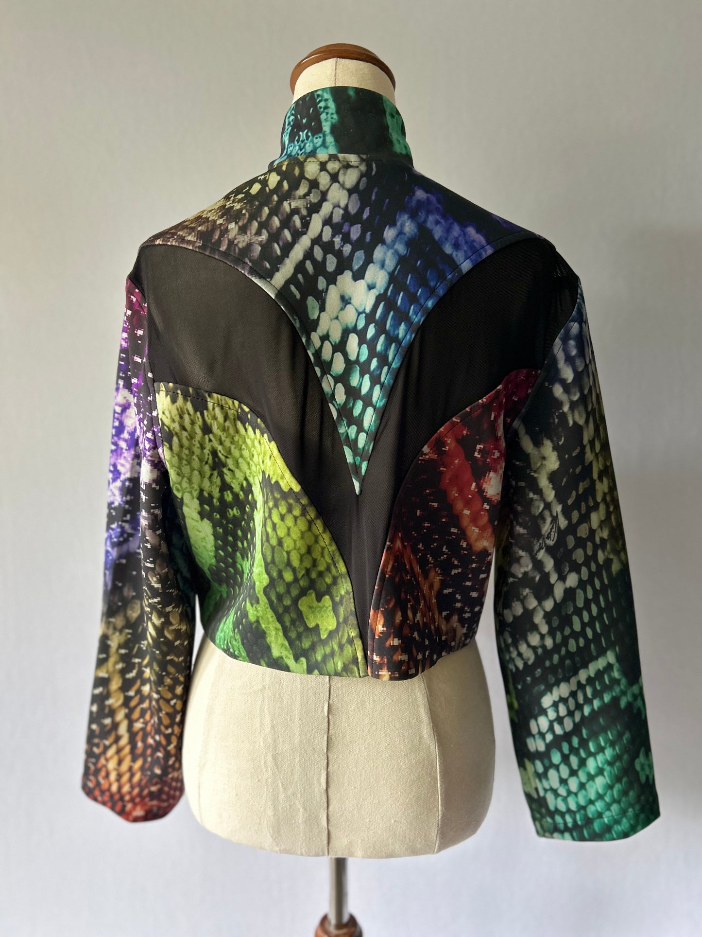 Vibrant Rainbow Snakeskin Cropped Zip-Up Jacket with Mesh Trims - Size Small