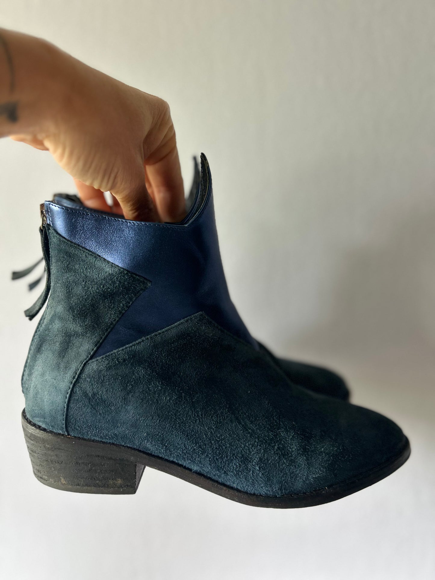 Indigo Suede & Metallic Paneled Ankle Boots – Size 36