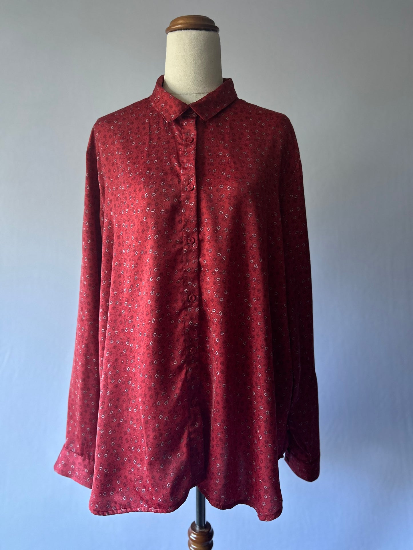 Red Printed Button-Up Shirt – Size 14, 100% Polyester