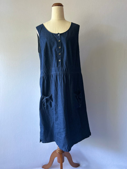 Dark Indigo Cotton Chambray Button-Front Pinafore Dress with Pockets - Size 14