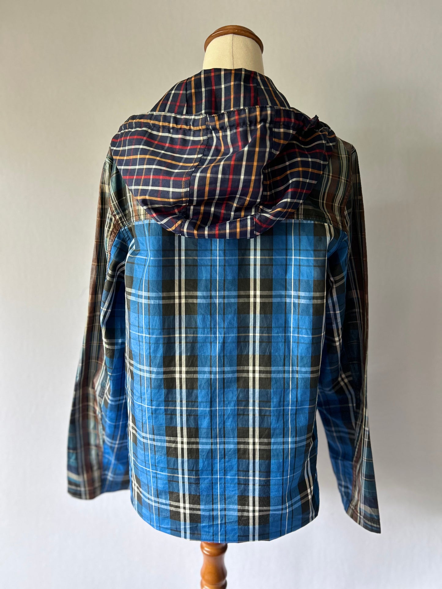 Blue Plaid Mixed Pattern Hooded Windbreaker - Size 2XS