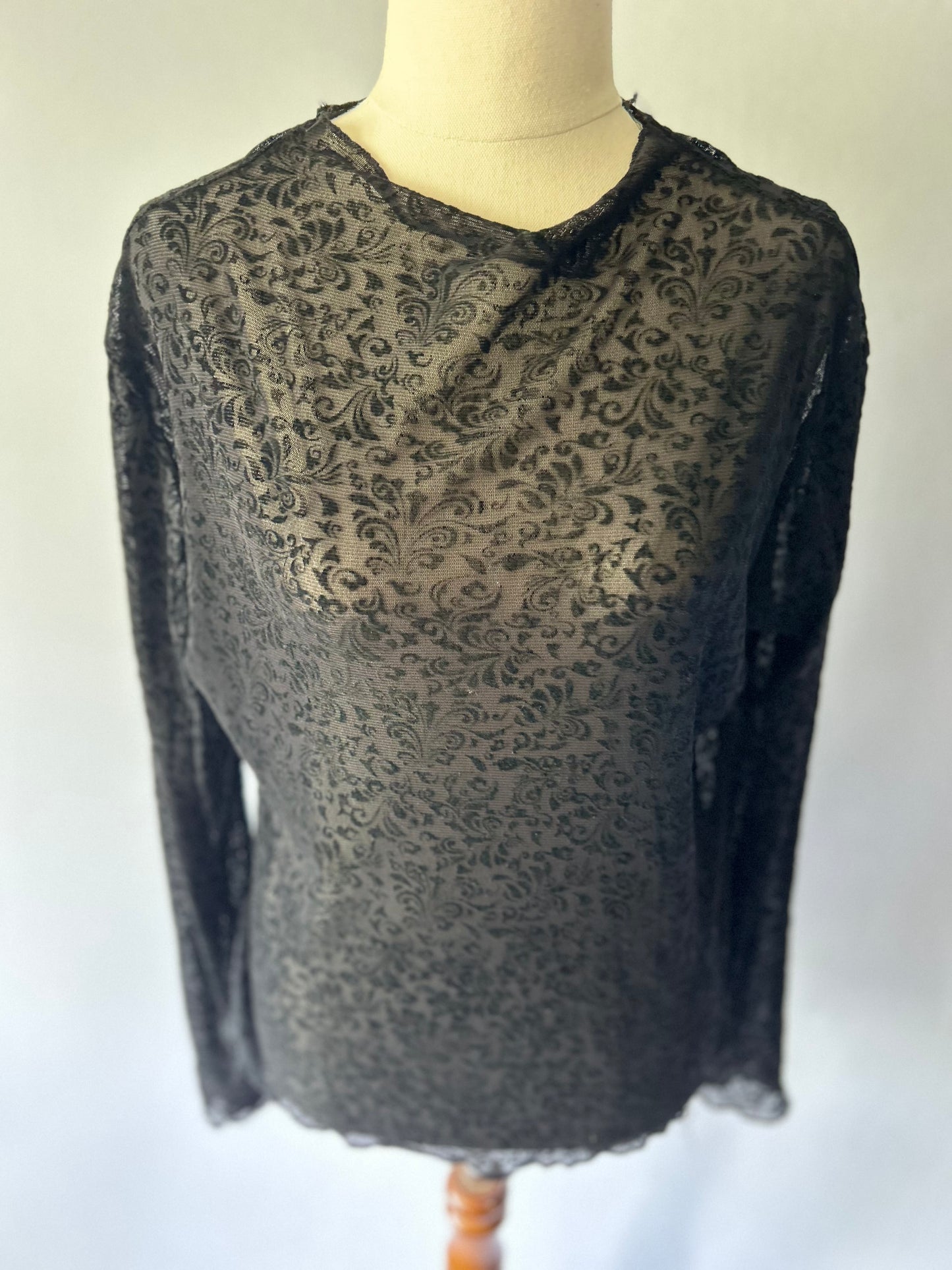 Black Floral Mesh Long Sleeve Top – Size L