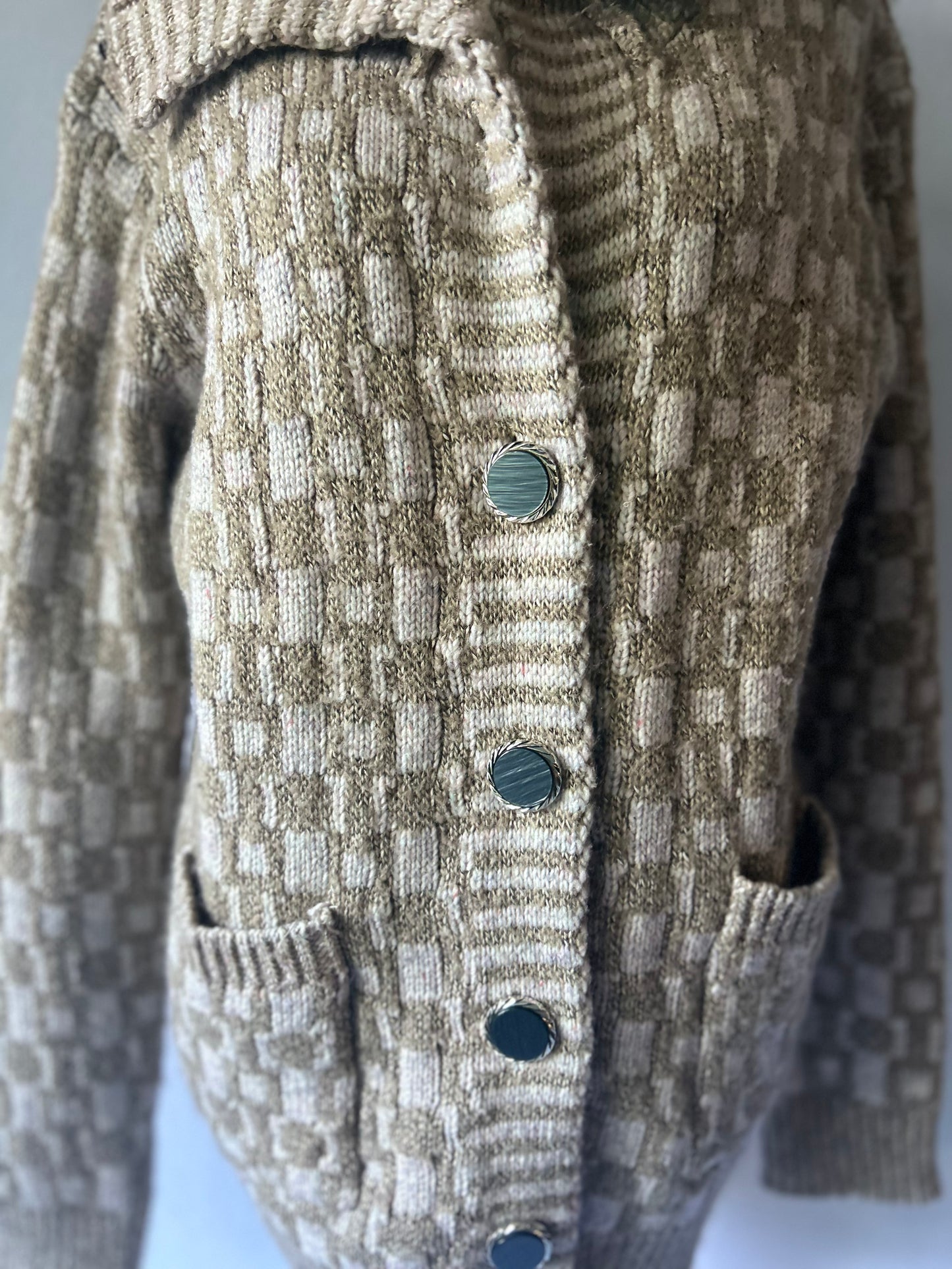 Beige & Cream Geometric Checkerboard Knit Cardigan - Size L
