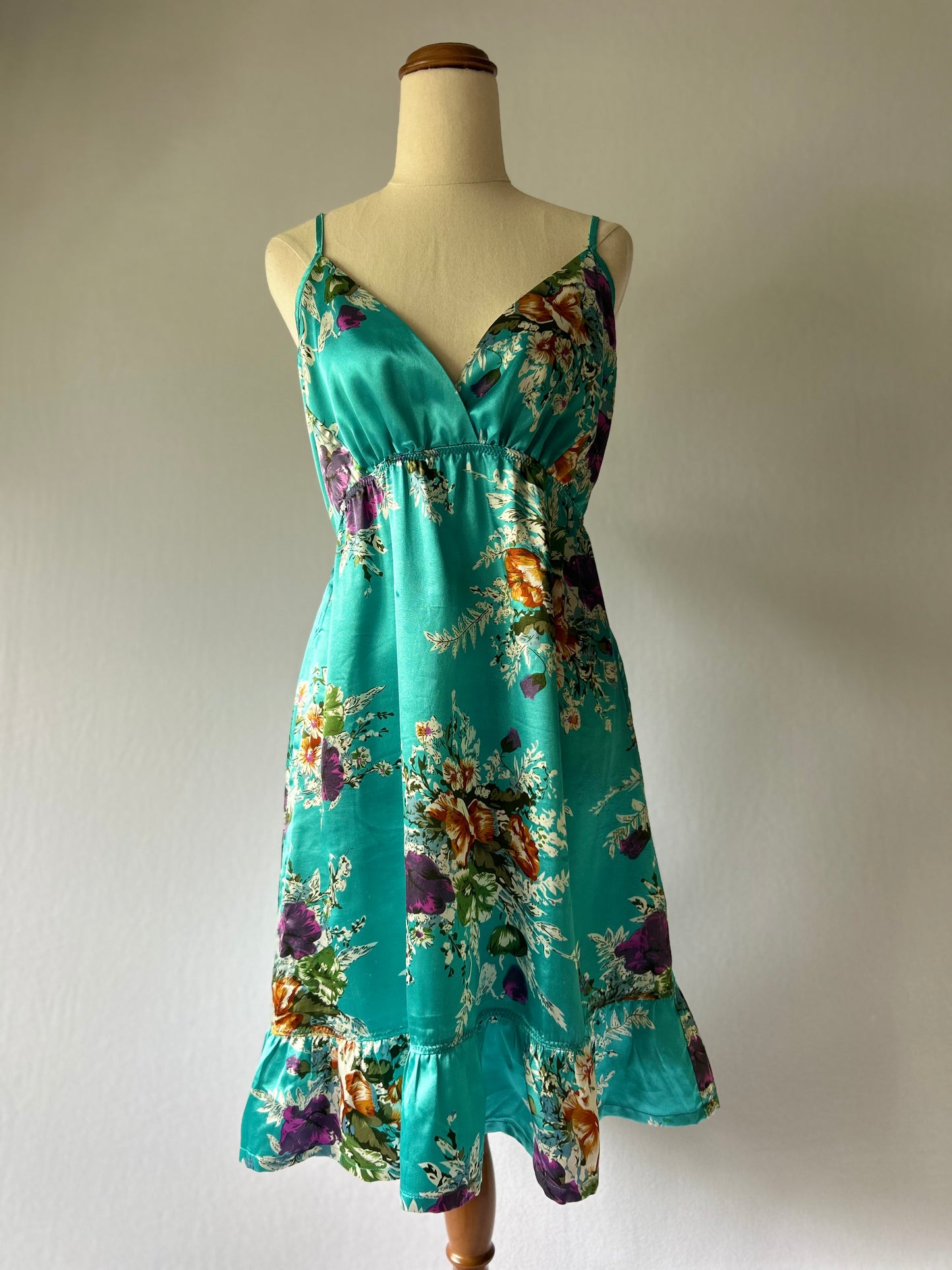 Silky Floral Print Mini Dress - Aqua Blue Ruffle Hem