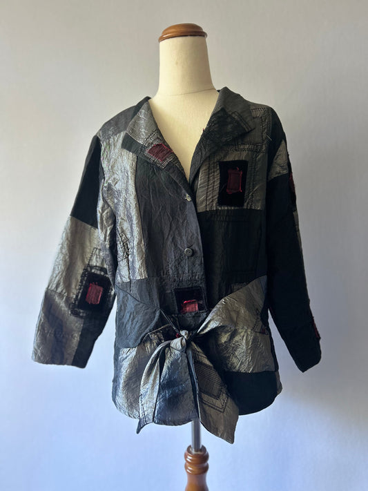 Lisa Law NZ Designer Art-to-Wear Patchwork Tie-Front Jacket - Charcoal & Metallic - Size 14