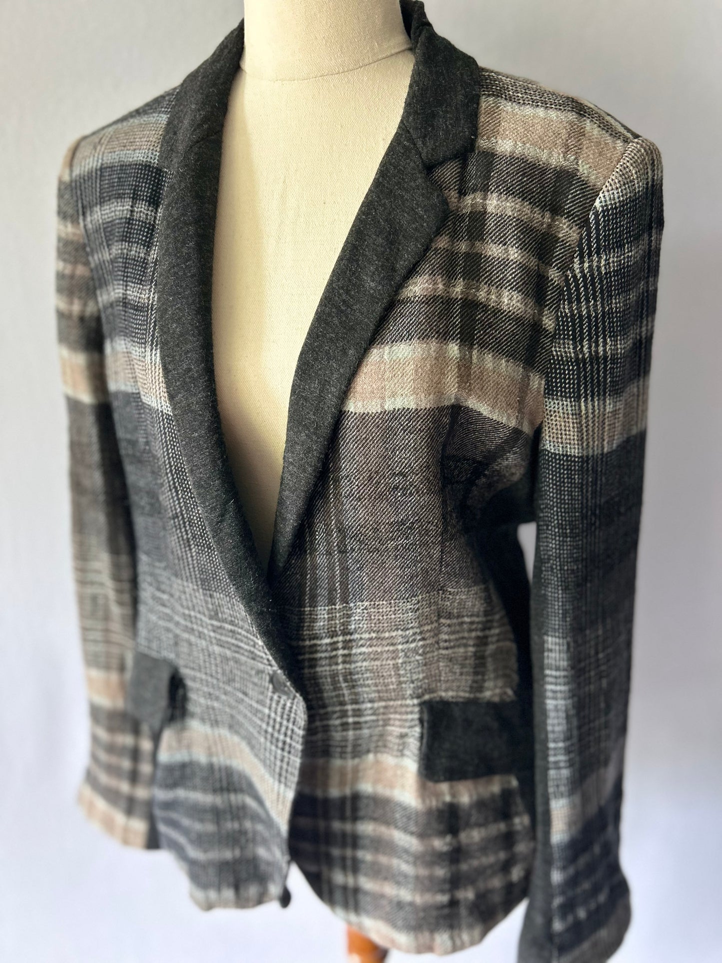 Zara Mixed-Fabric Plaid Tailored Blazer - Size XL
