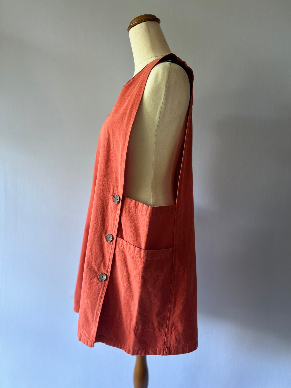 Terracotta Cotton Canvas Side-Button Pinafore Overall Dress - Size S