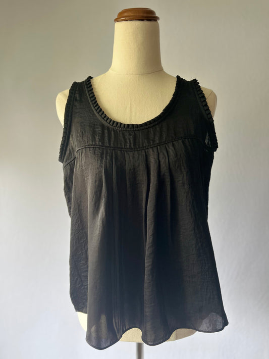 Black Sleeveless Top with Pleated Trim – Size M