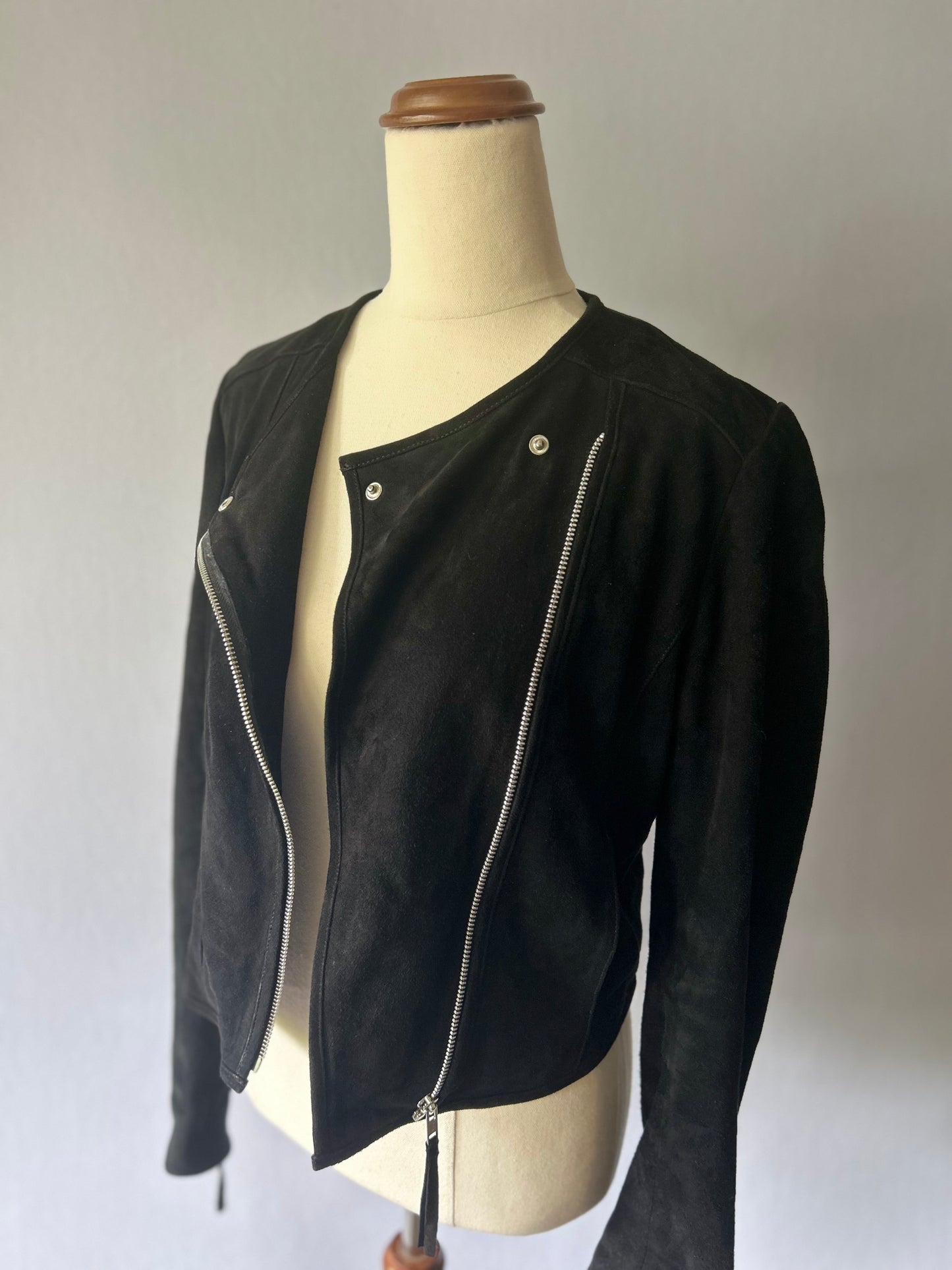 White Suede Asymmetric Black Leather Moto Jacket – Size 10