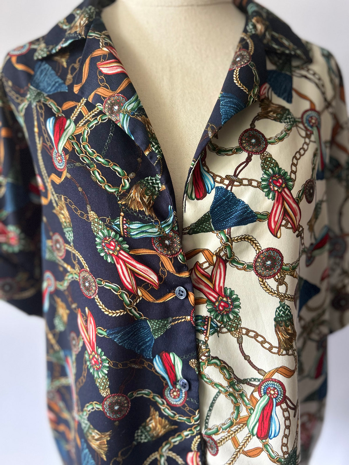 Half-and-Half Chain & Tassel Scarf Print Short Sleeve Shirt - Size Large