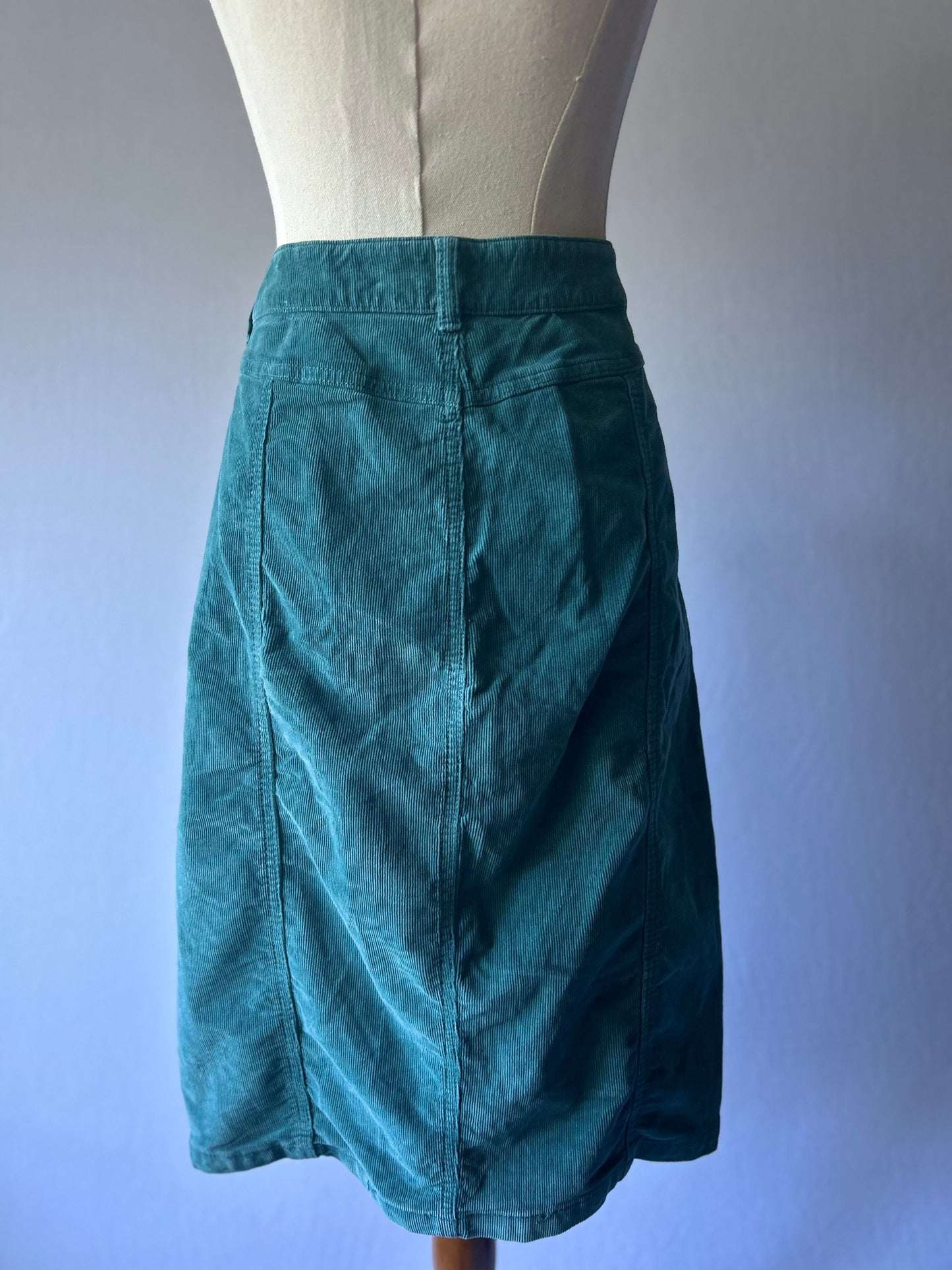 Teal Green Corduroy Skirt | Size 12 | Button-Front with Pockets | Knee Length