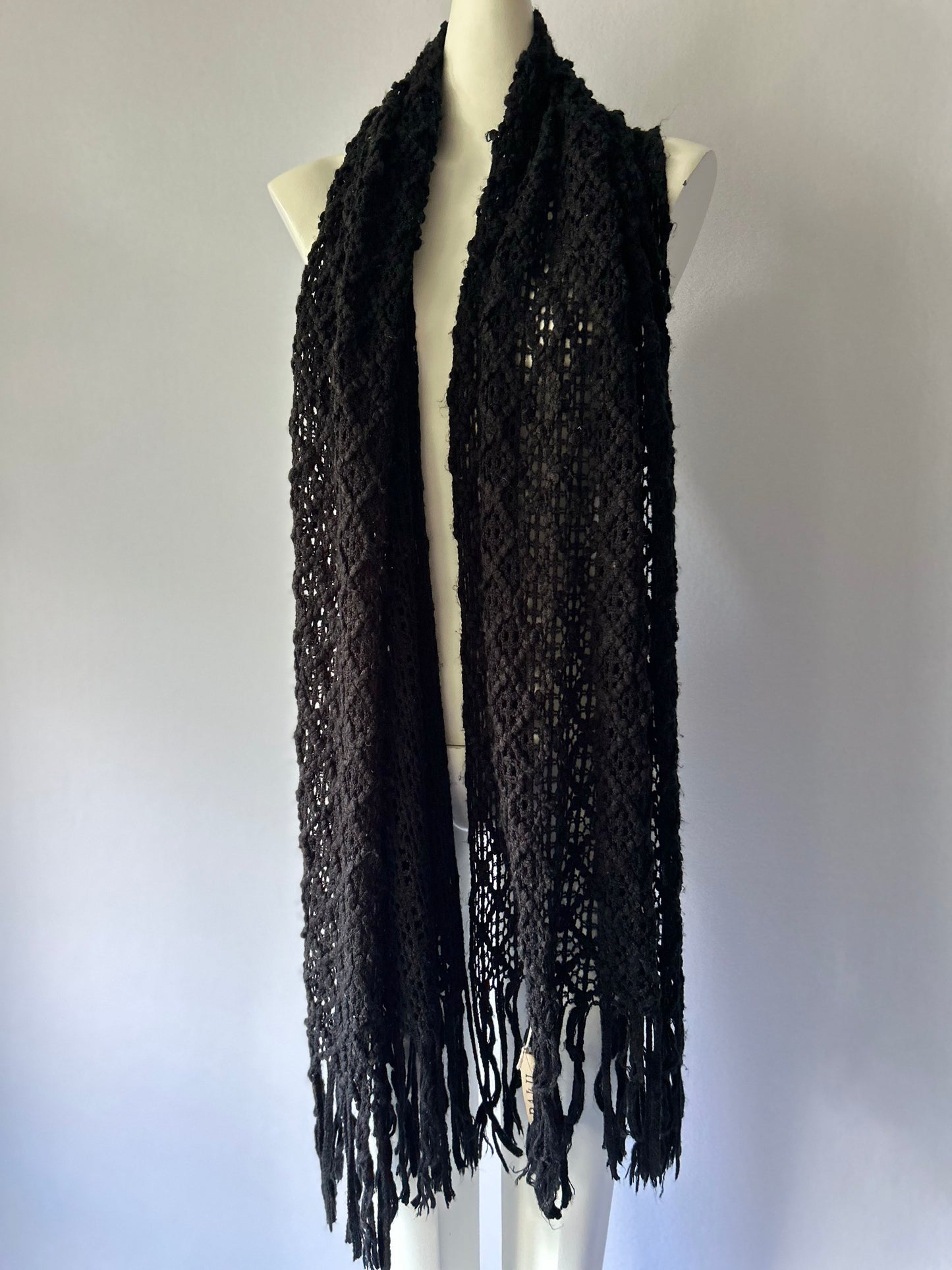 Black Open-Knit Textured Scarf with Fringed Edge - One Size