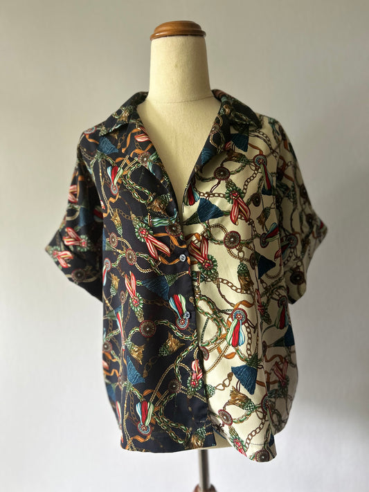 Half-and-Half Chain & Tassel Scarf Print Short Sleeve Shirt - Size Large
