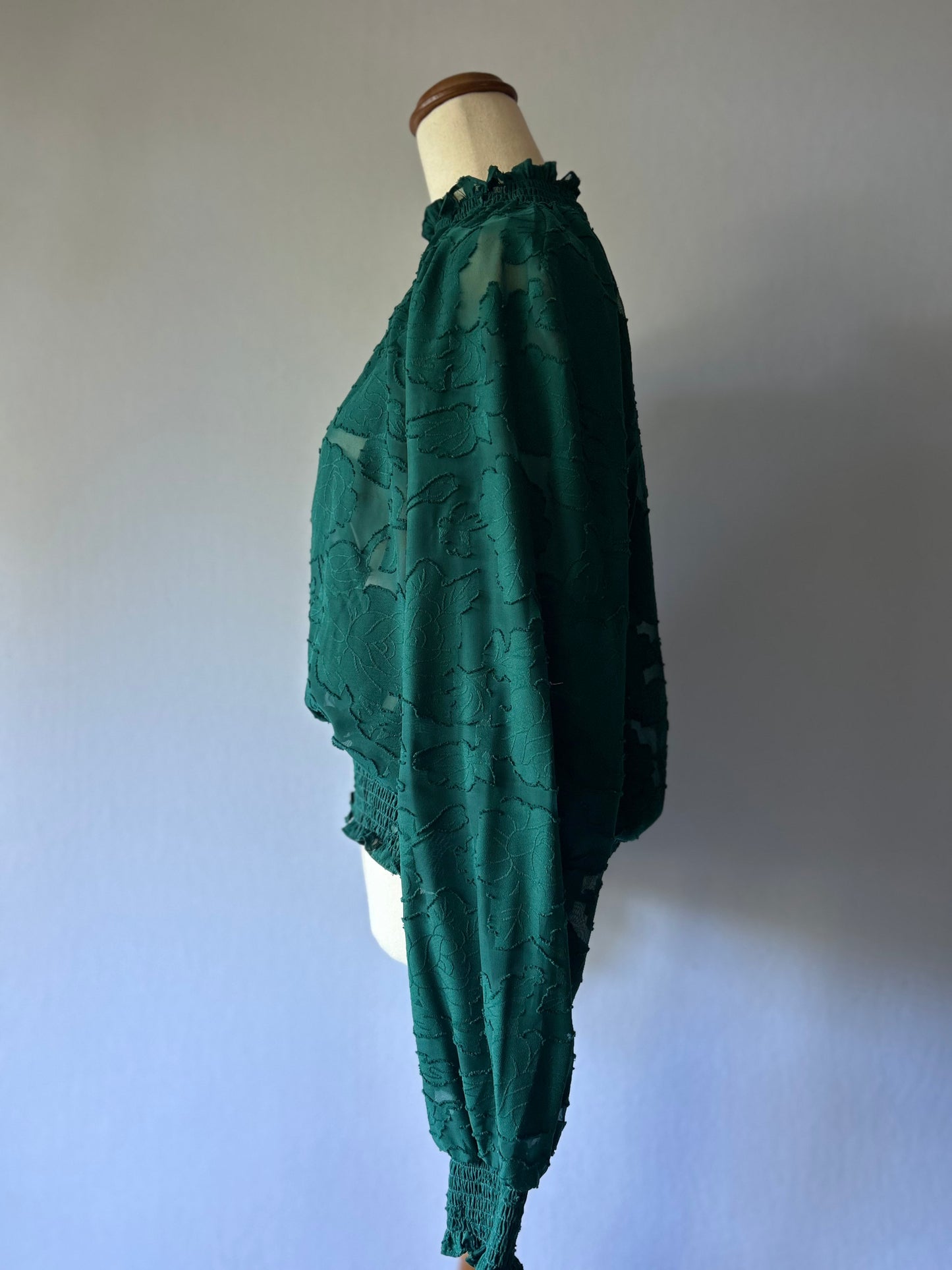 Sheer Floral Jacquard Mock-Neck Blouse - Emerald Green - Size 16