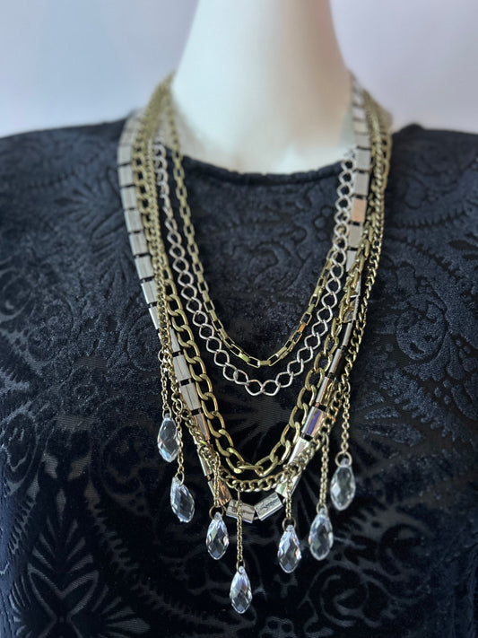 Vintage Mixed-Metal Multi-Strand Cascade Necklace with Crystal Drops