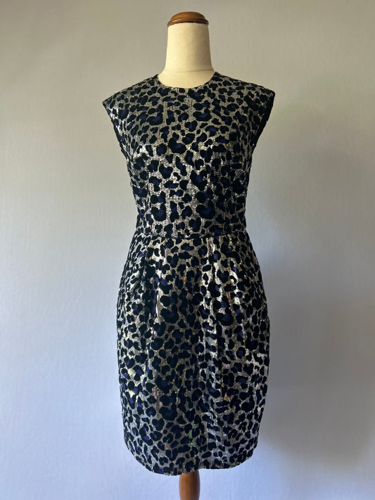 Metallic Leopard Print Dress with Violet Accents – Size UK 8 / EU 36 / US 4