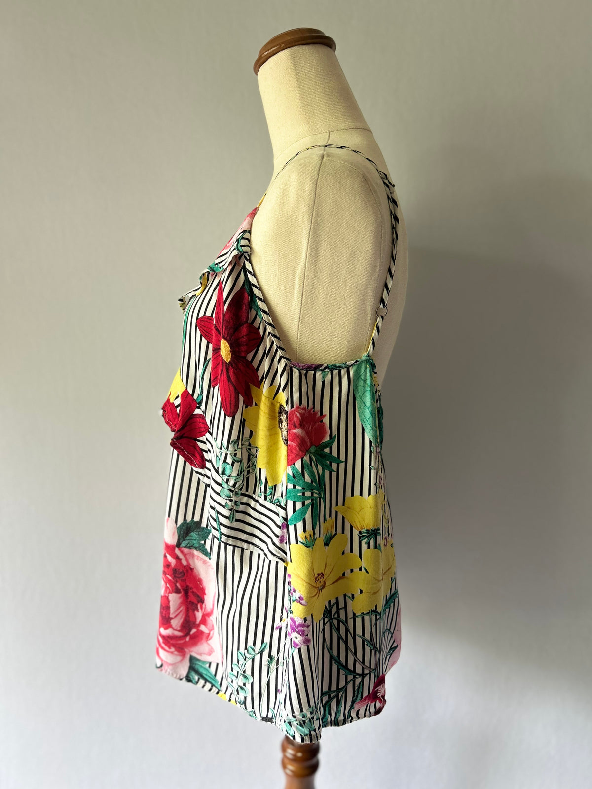 Floral Stripe Cold-Shoulder Ruffle Top – Size L