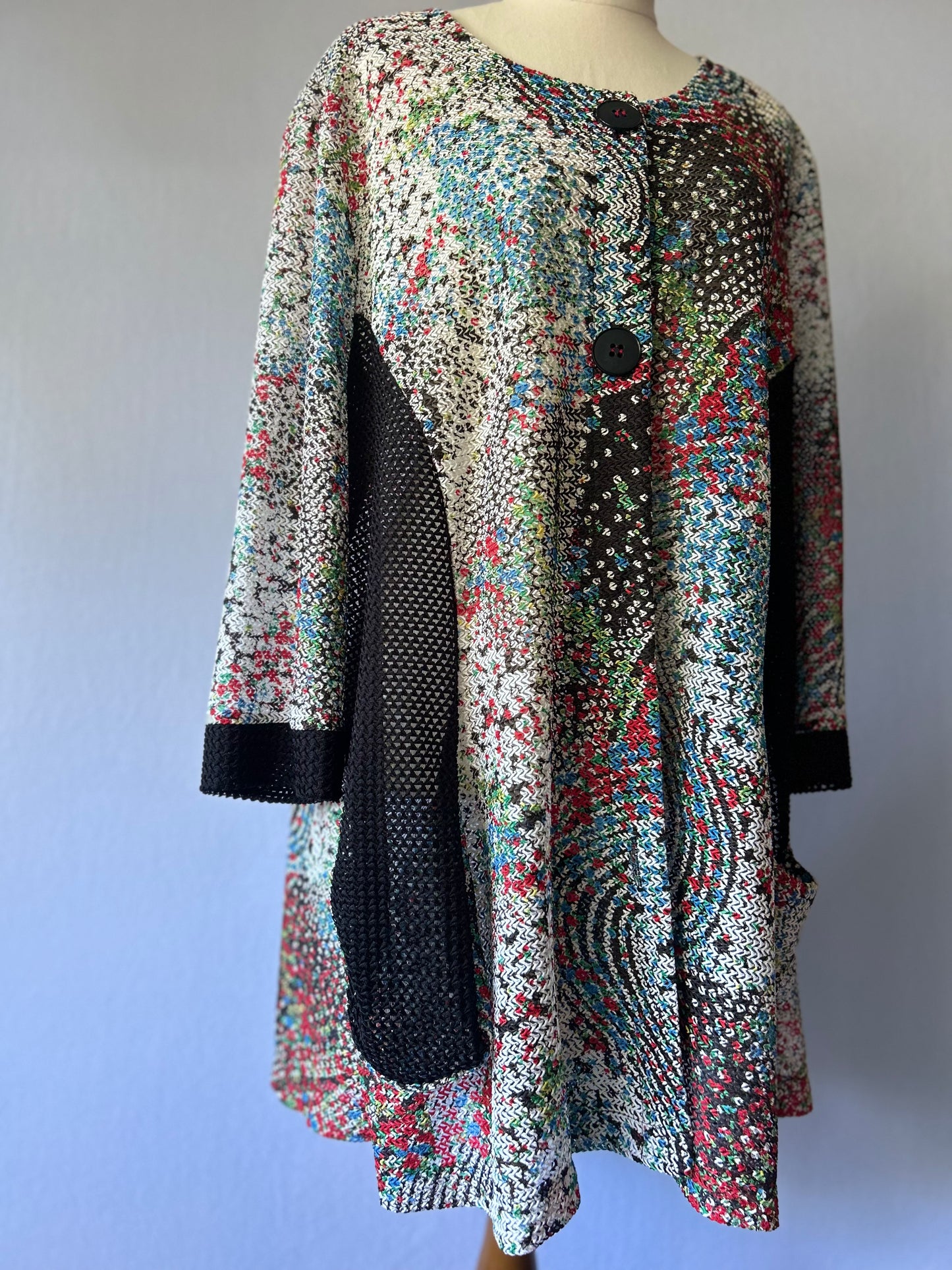 Joseph Ribkoff Abstract Multi-Color Knit Cardigan with Mesh Panels - Size 16