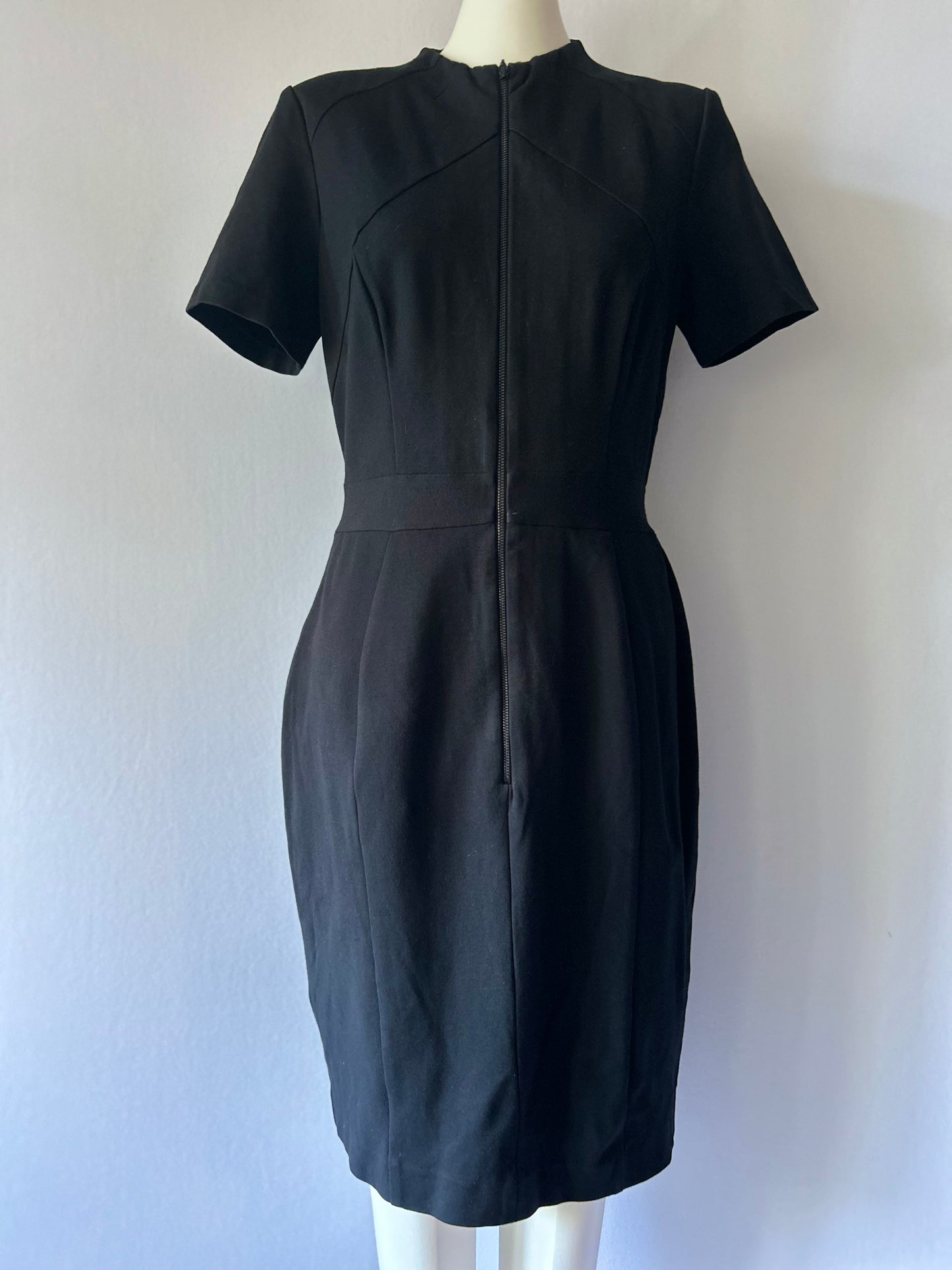 Cue Structured Black Zip-Front Sheath Dress - Size 12