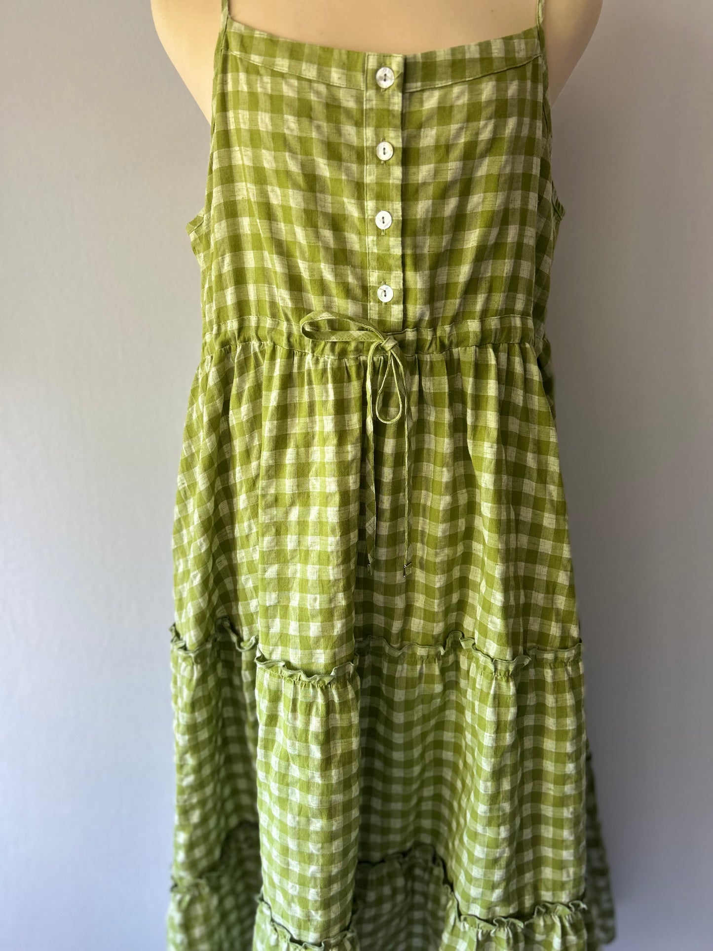 Sage Green Gingham Tiered Linen-Blend Maxi Dress - Size L