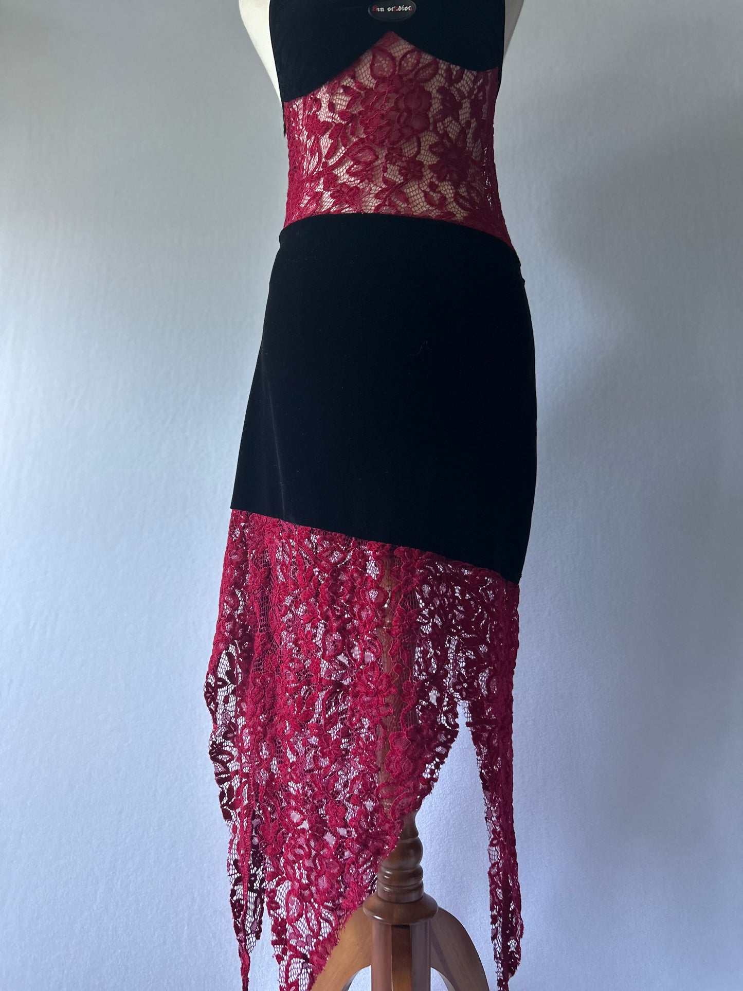 Velvet & Lace Asymmetric Midi Dress - Black & Burgundy - Size M