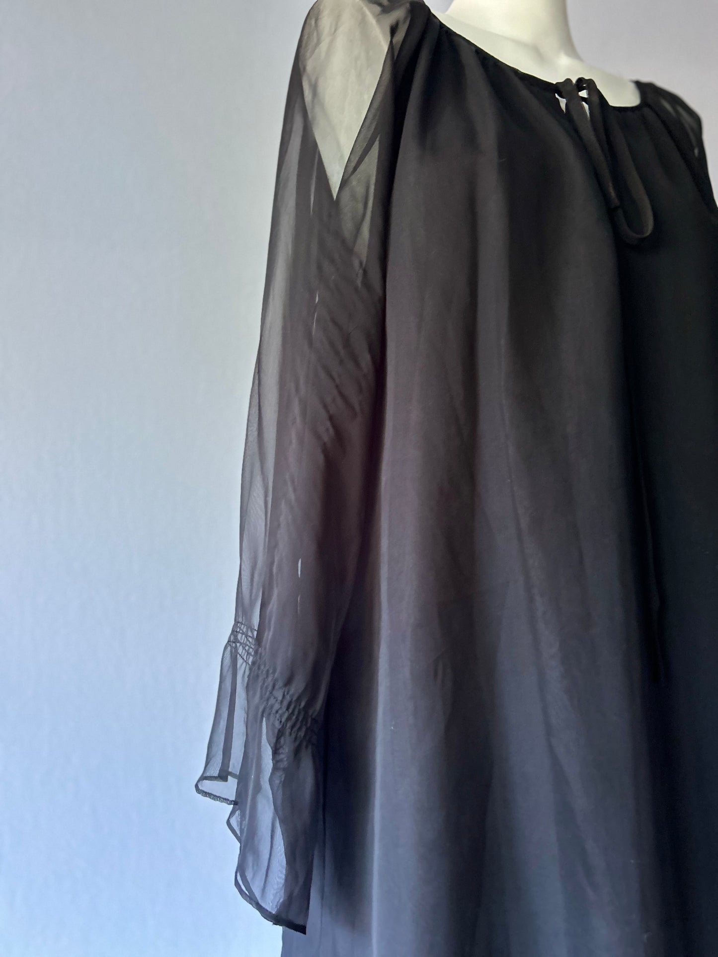 Romantic Black Chiffon-Style Layered Dress | Tie Neck | Size 12