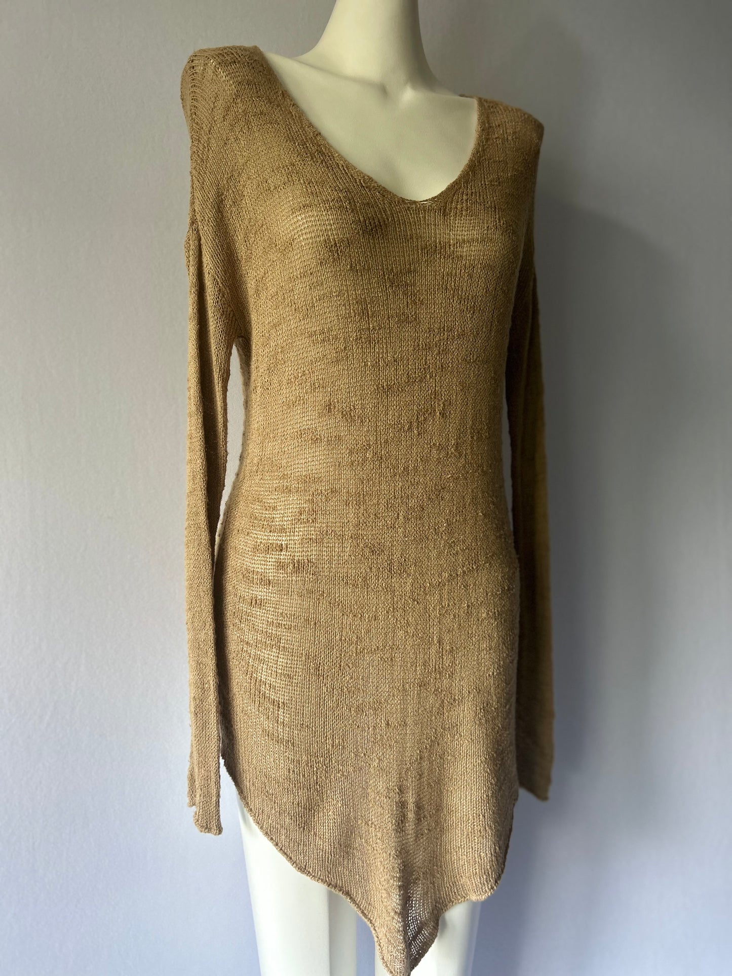Earthy Ochre Textured Knit Longline Top - Size S