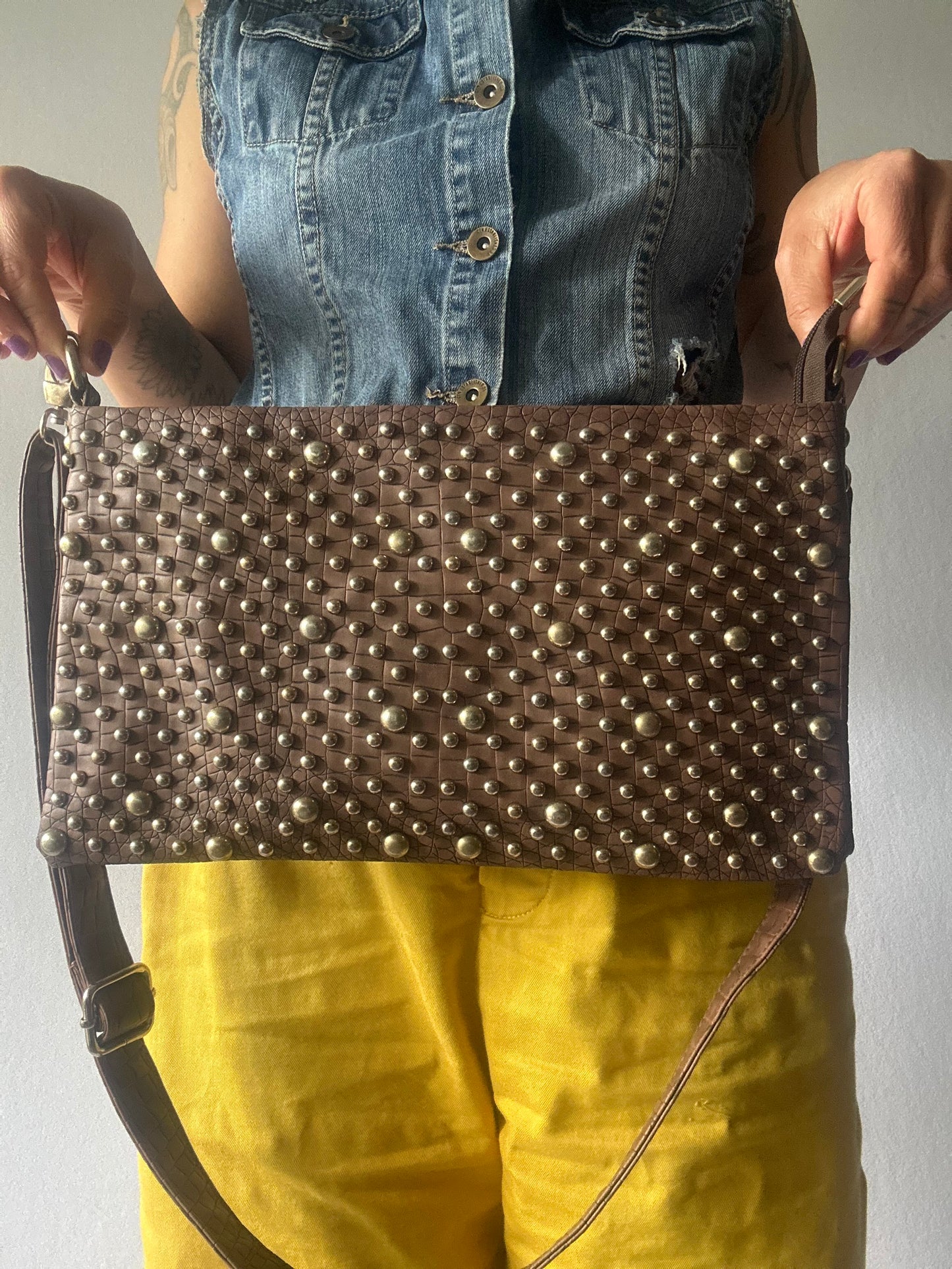 Brown Studded Leather Shoulder Bag