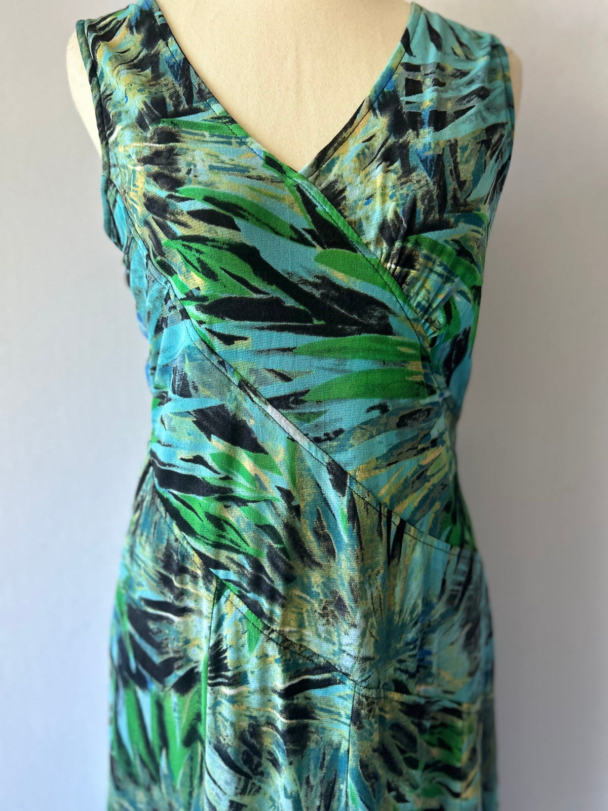 Tropical Abstract Print Faux-Wrap Midi Dress - Size 10