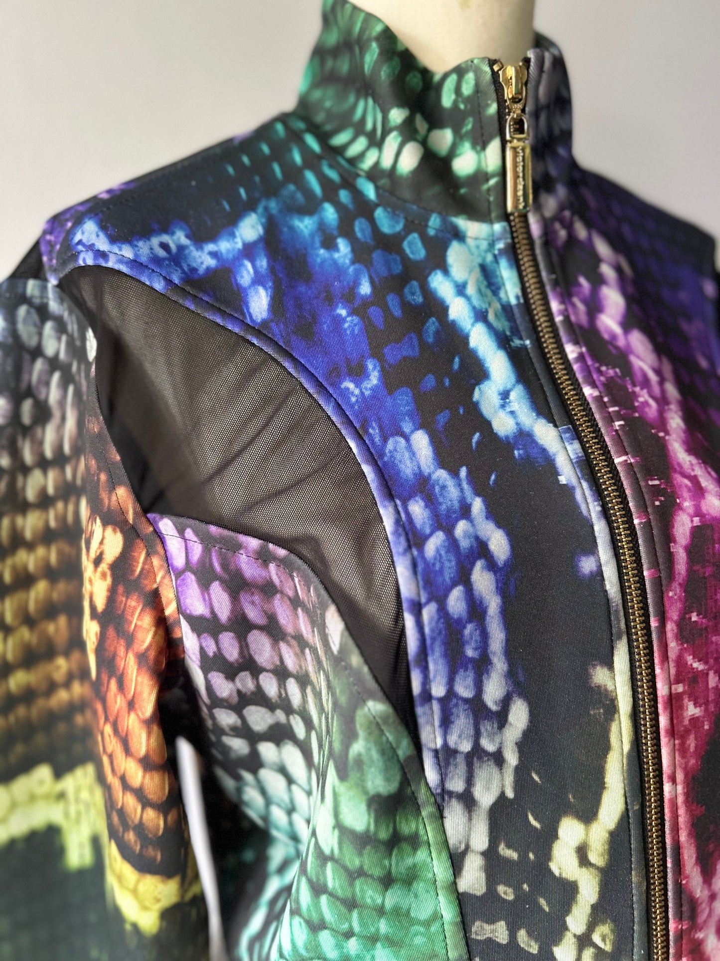Vibrant Rainbow Snakeskin Cropped Zip-Up Jacket with Mesh Trims - Size Small