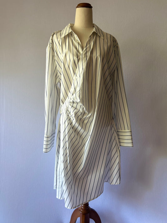 Striped White & Navy Gathered Wrap Style Shirt Dress - Size 14 (100% Cotton)