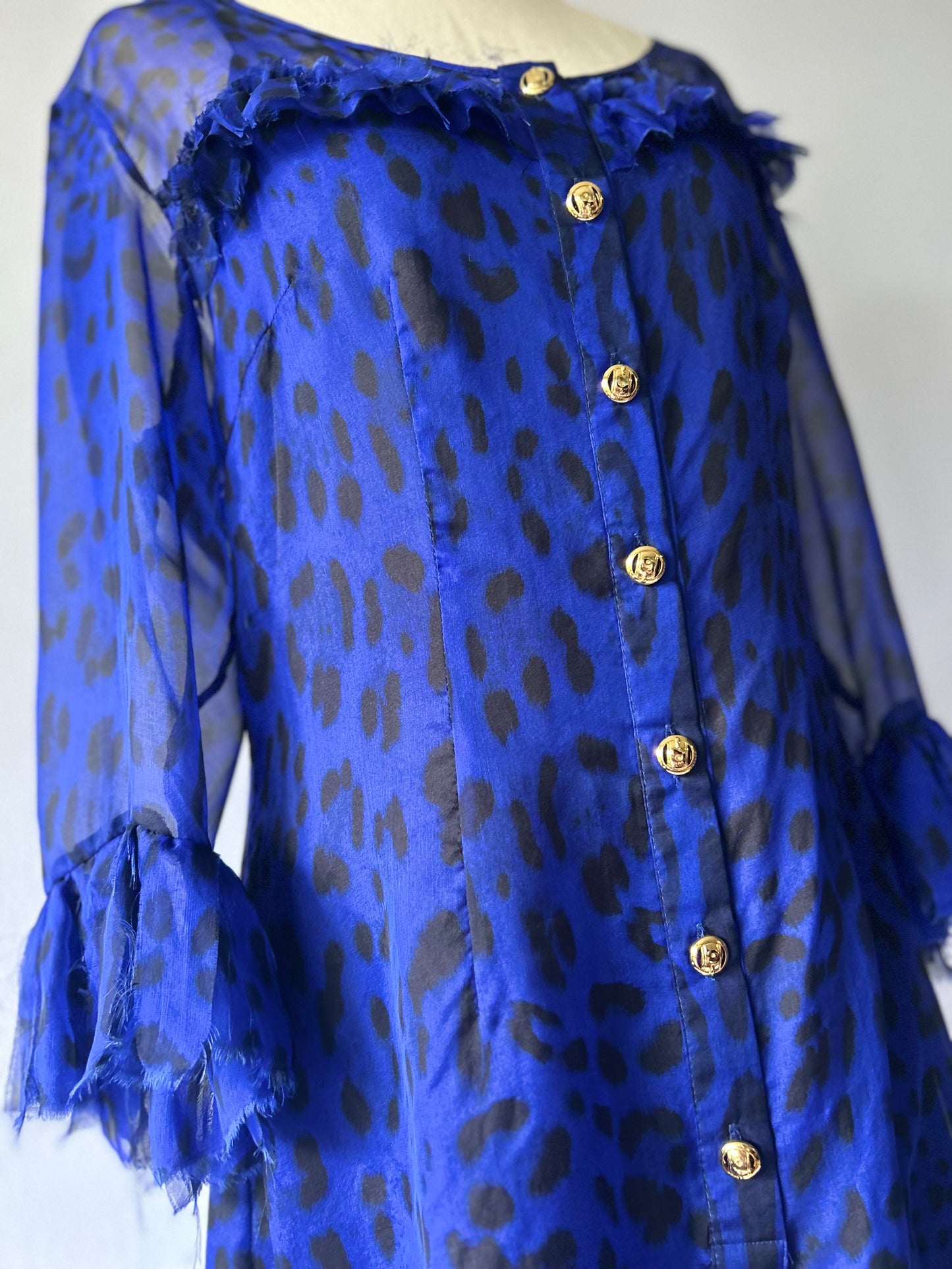 Yvonne Benetti "Electric Leopard" Silk Ruffle Dress – Size 8