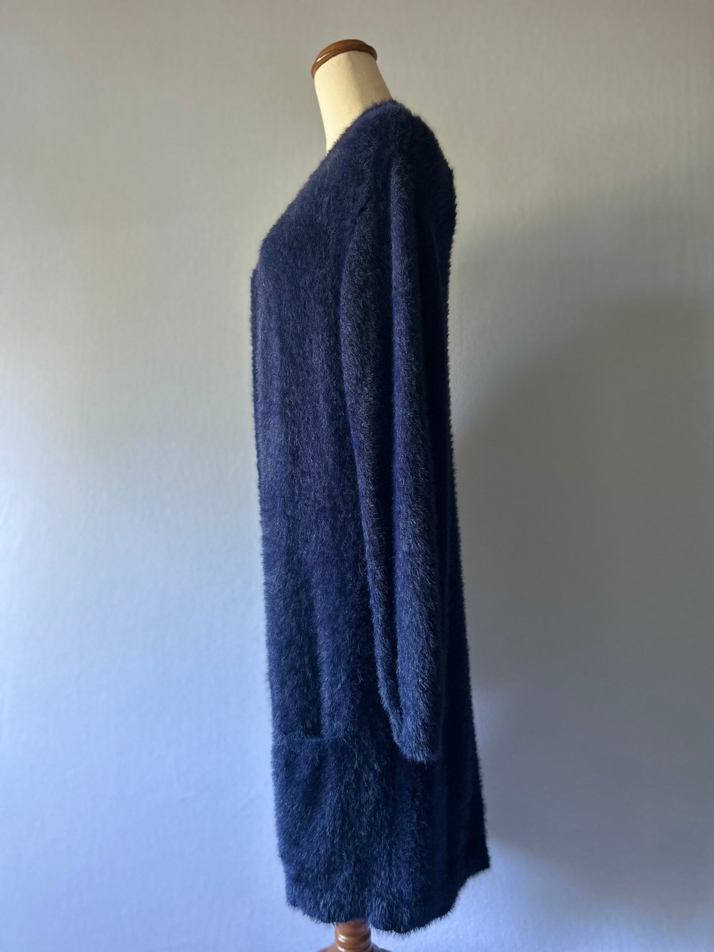 Navy Fluffy Knit Longline Cardigan - Size XL | Soft Textured Open Front Cape