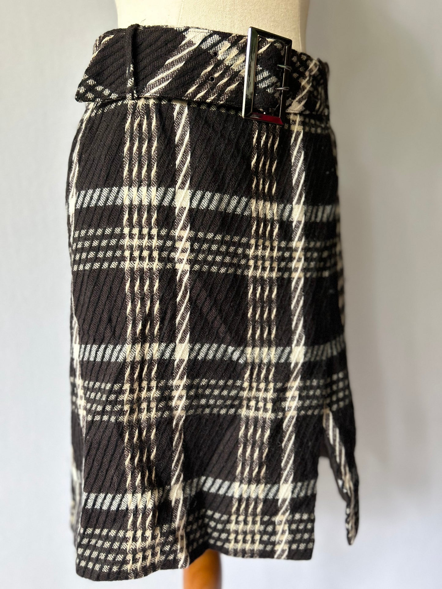 Textured Monochrome Check Belted Skirt – Size EUR 38 / US 4