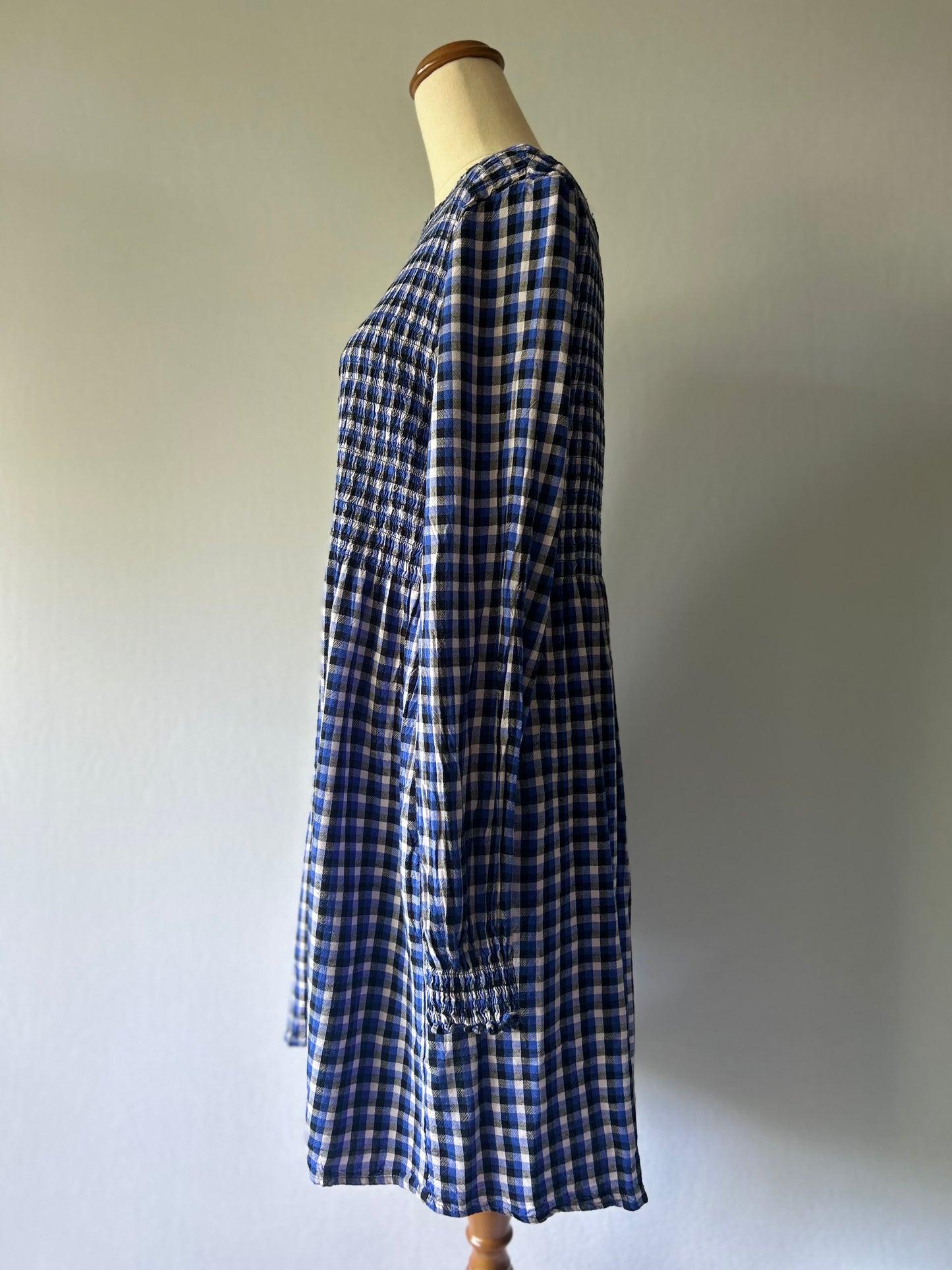Blue Gingham Check Smocked Back Dress - Size L