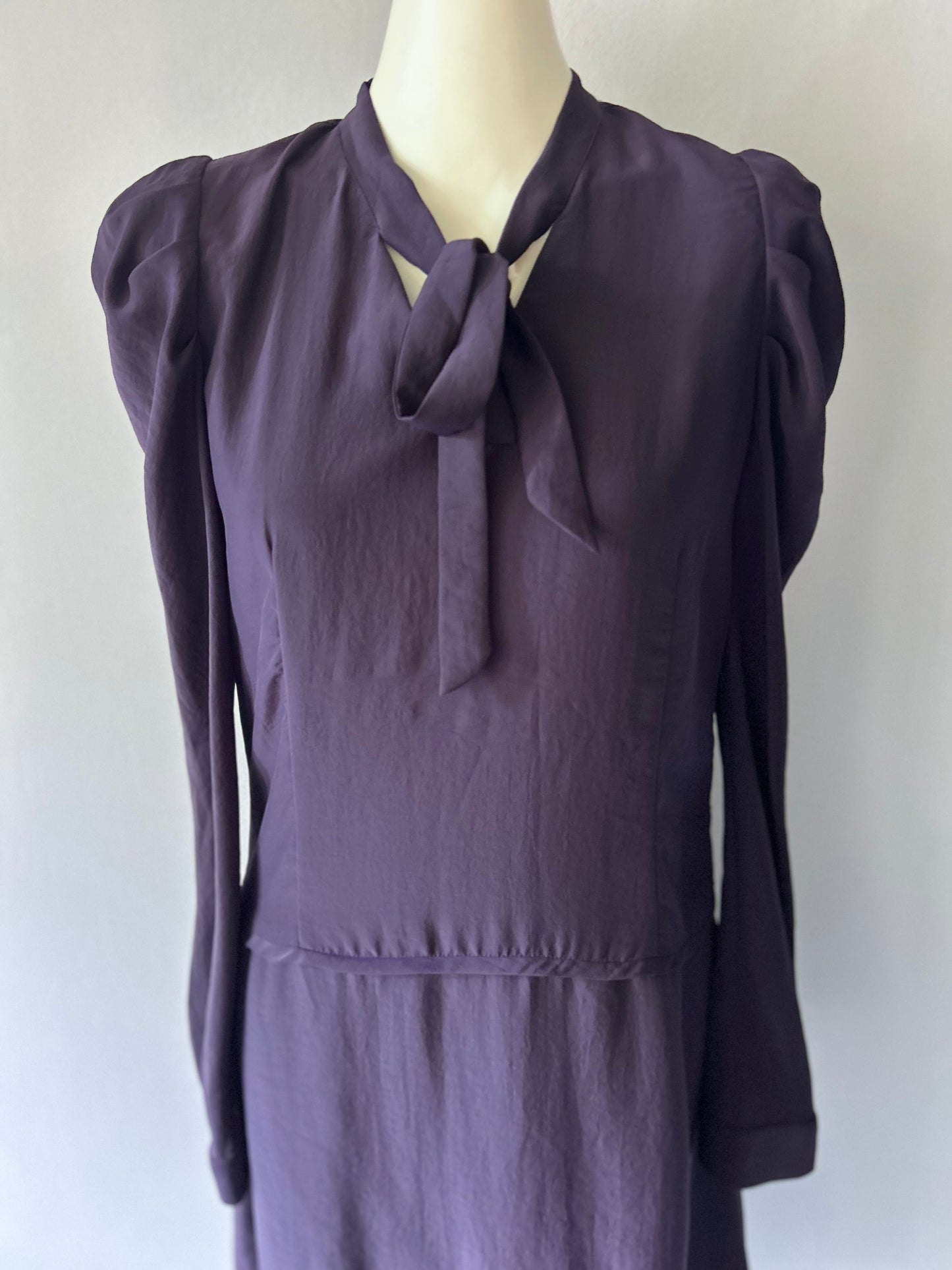 Made in NZ Deep Plum Pussy-Bow Mini Dress - Size 10