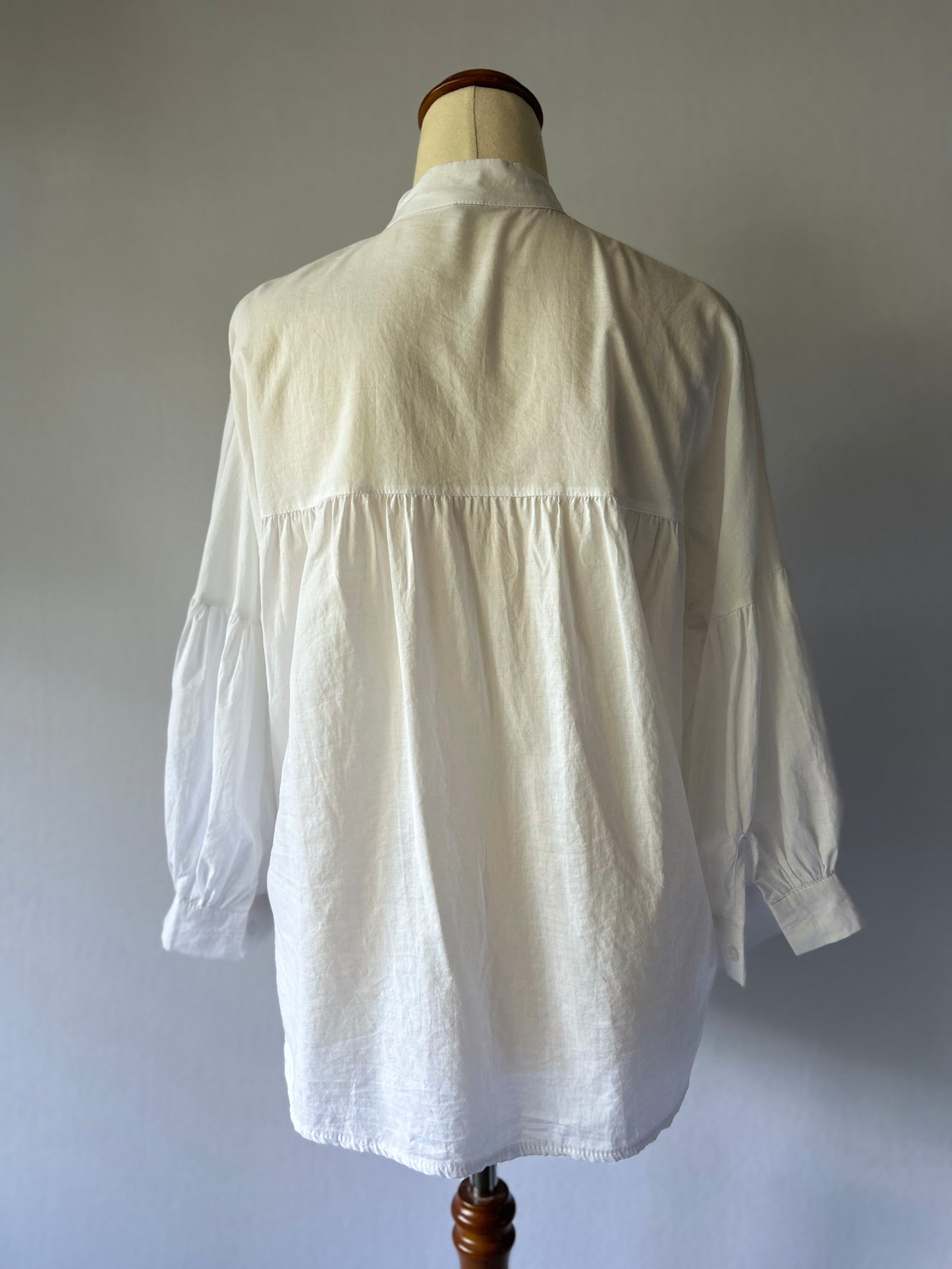 Cotton Mandarin Collar Puff Sleeve Blouse - White - Size M