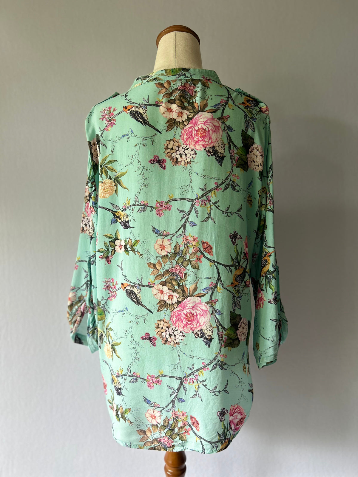 Mint Green Floral & Bird Print Viscose Shirt – Size L