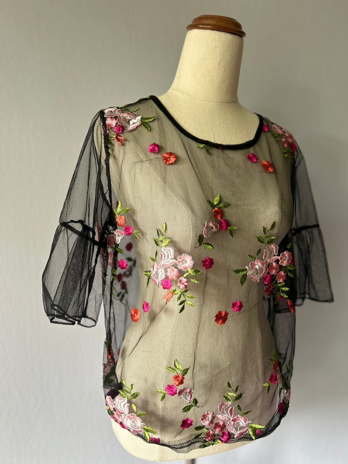 Black Floral Embroidered Mesh Top – Size S/M