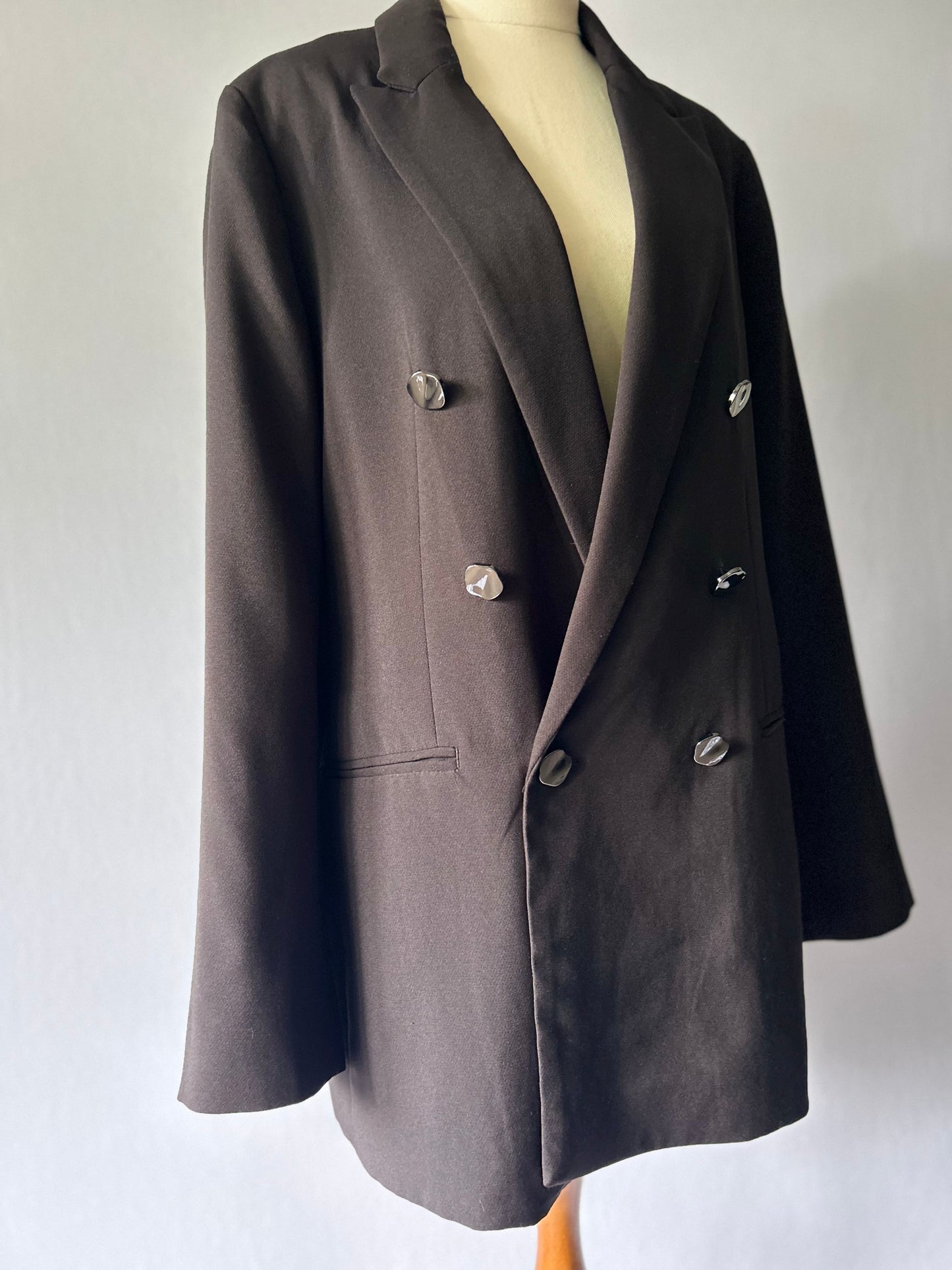 Double-Breasted Longline Blazer - Classic Black - Size 44 (AU 14/16)