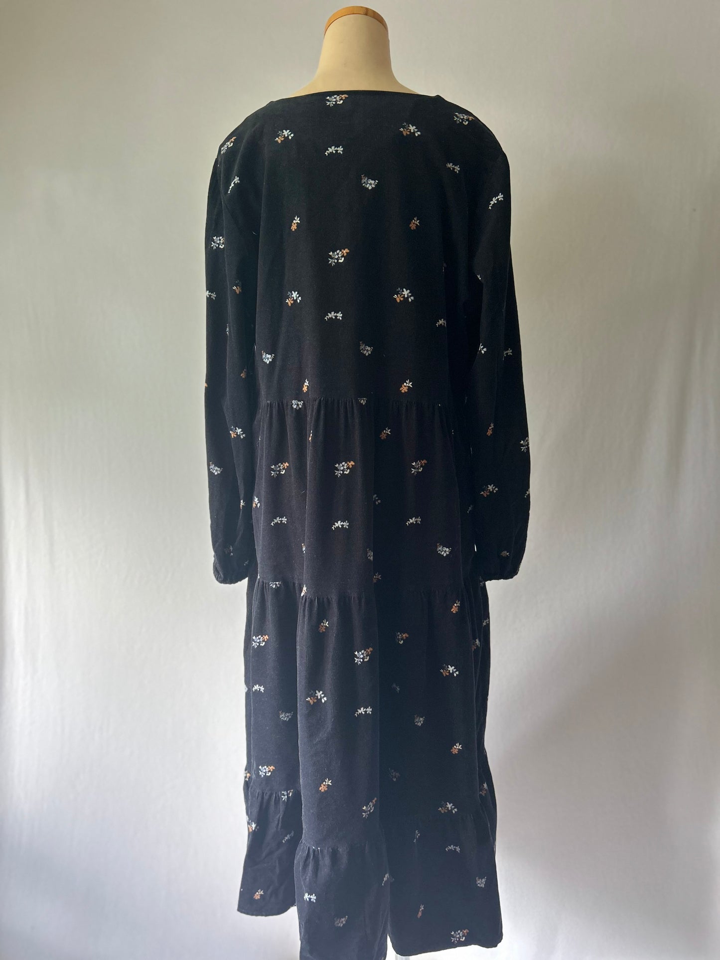 Navy Floral Tiered Corduroy Midi Dress - Size 14