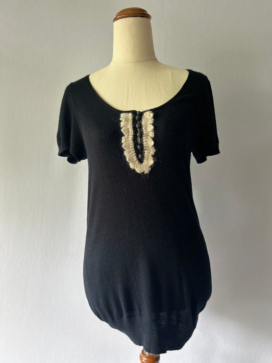 Vintage Style Black Short Sleeve Knit Top | Crochet Lace Detail | Size 38