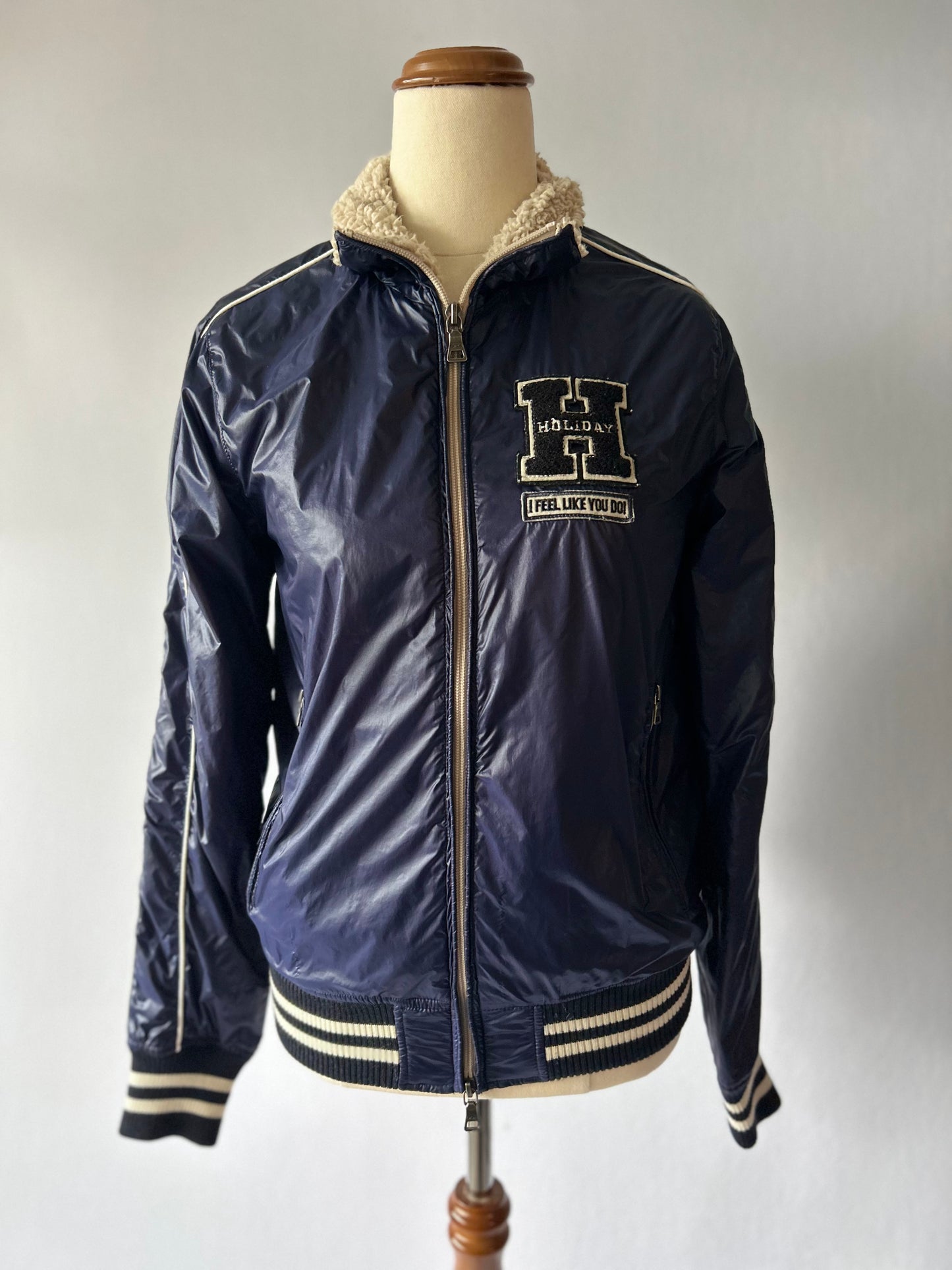 Holiday Varsity Coated Track Jacket - Sherpa-Lined Navy Blue - Size S/M